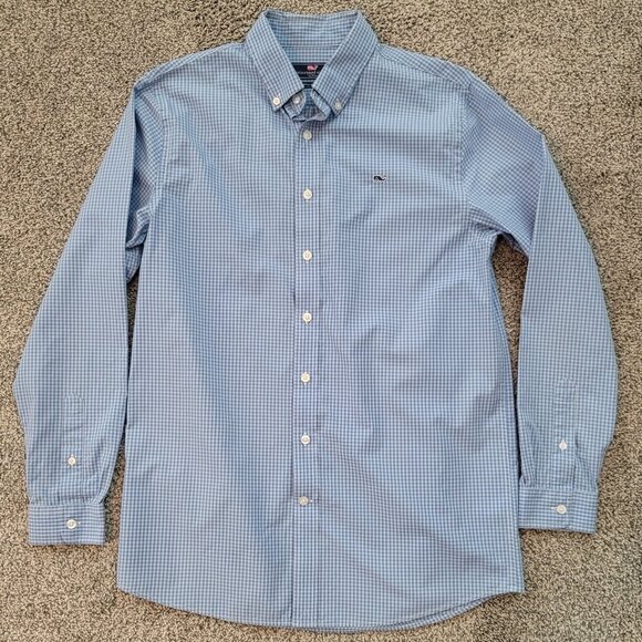 Boys Vineyard Vines Blue Checked Button Down Whale Shirt  X-Large 18 - Picture 1 of 8